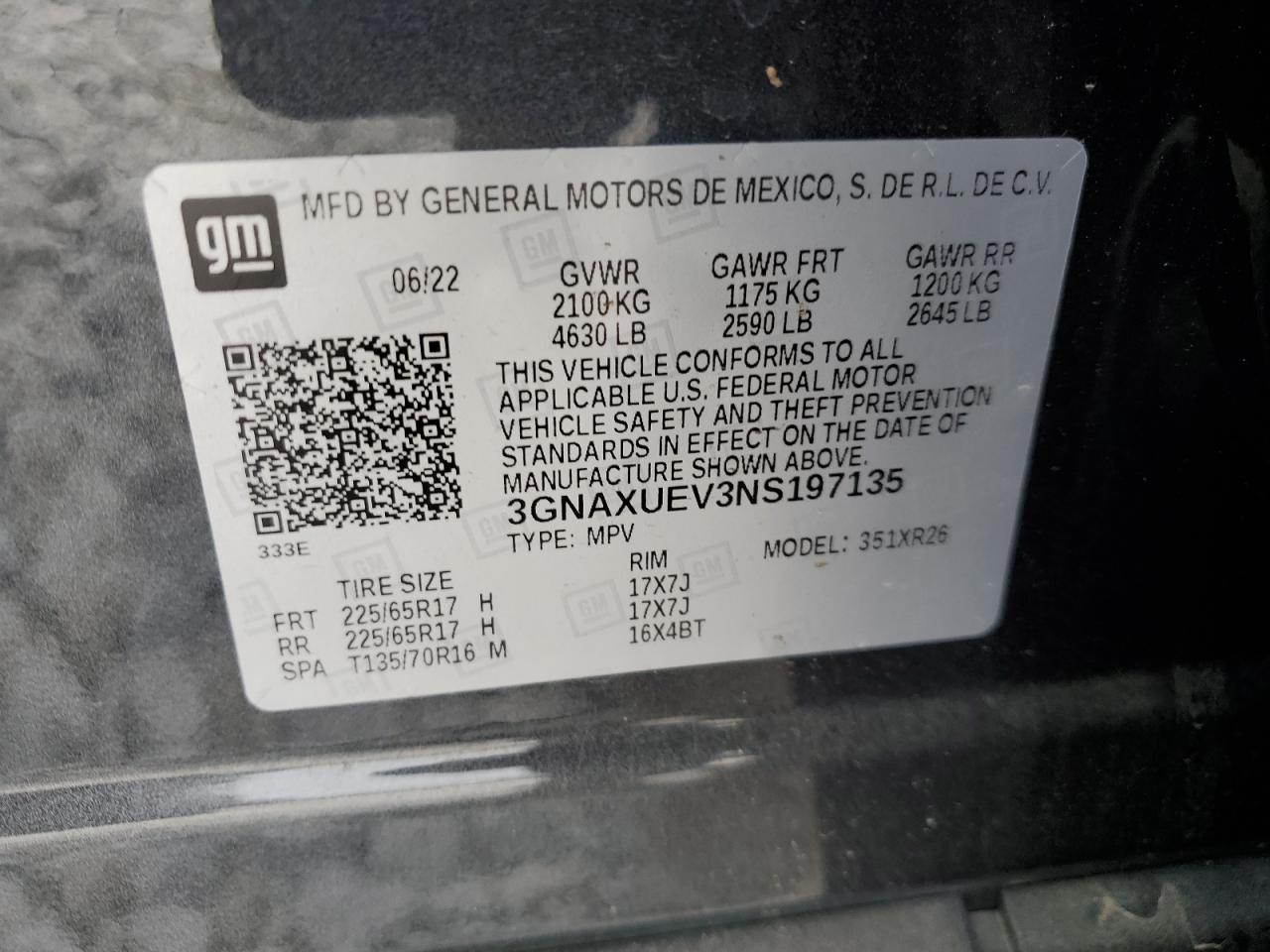 2022 CHEVROLET EQUINOX LT VIN:3GNAXUEV3NS197135