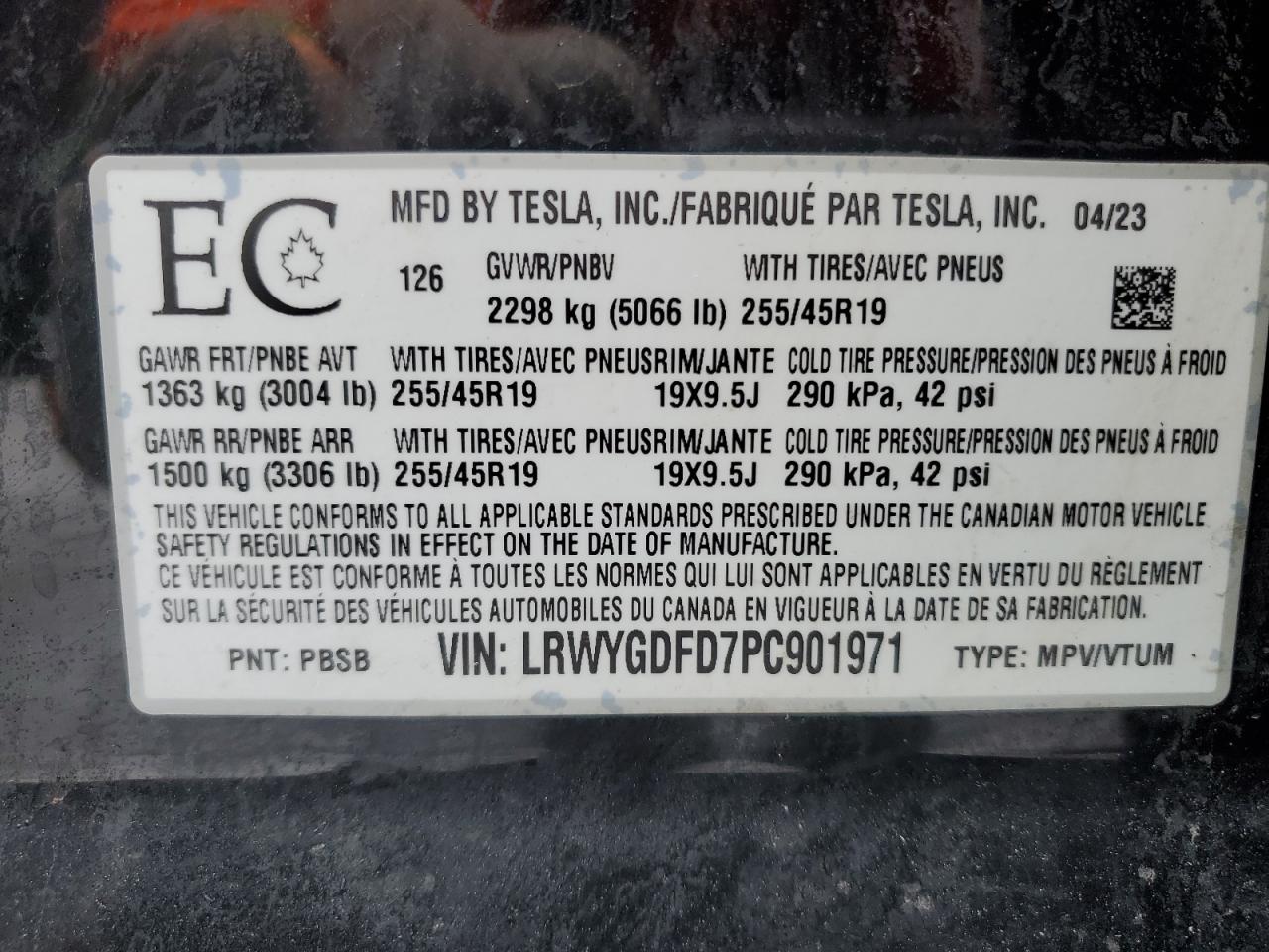 2023 TESLA MODEL Y  VIN:LRWYGDFD7PC901971