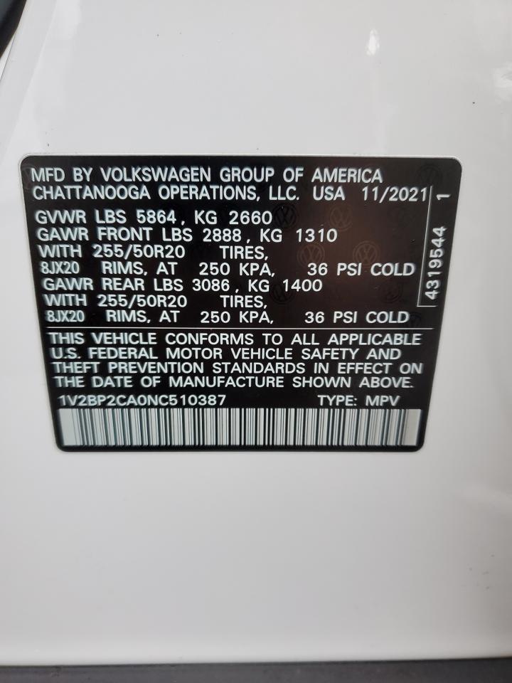 2022 VOLKSWAGEN ATLAS SEL VIN:1V2BP2CA0NC510387