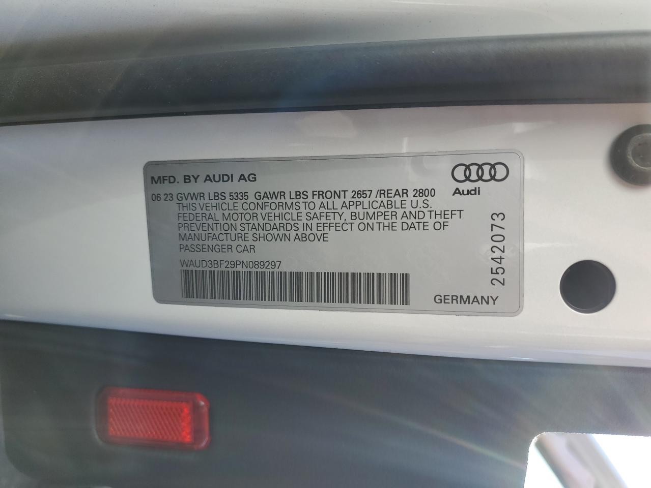 2023 AUDI A6 PREMIUM VIN:WAUD3BF29PN089297