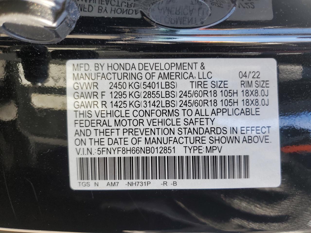 2022 HONDA PASSPORT TRAIL SPORT VIN:5FNYF8H66NB012851