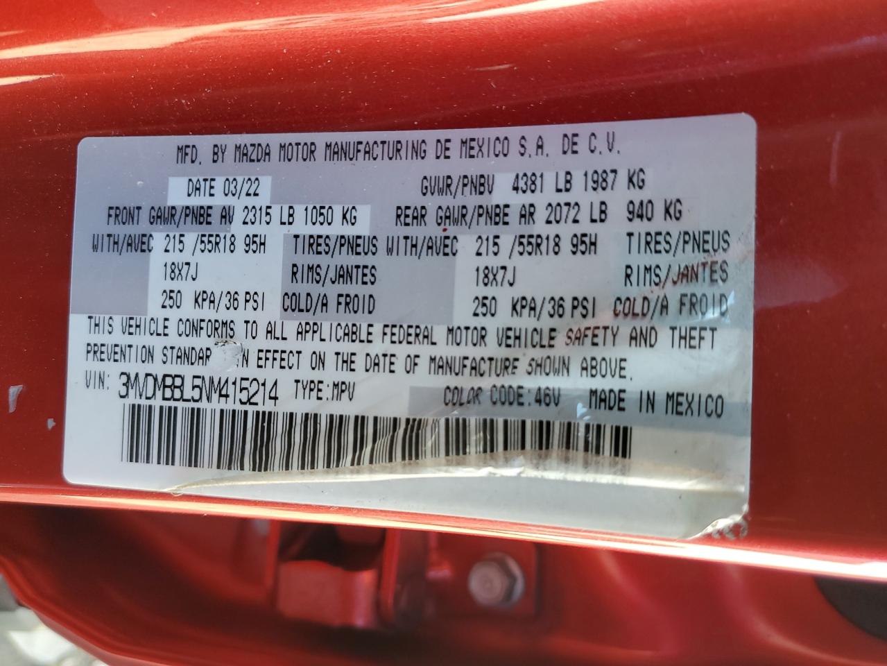 2022 MAZDA CX-30 SELECT VIN:3MVDMBBL5NM415214