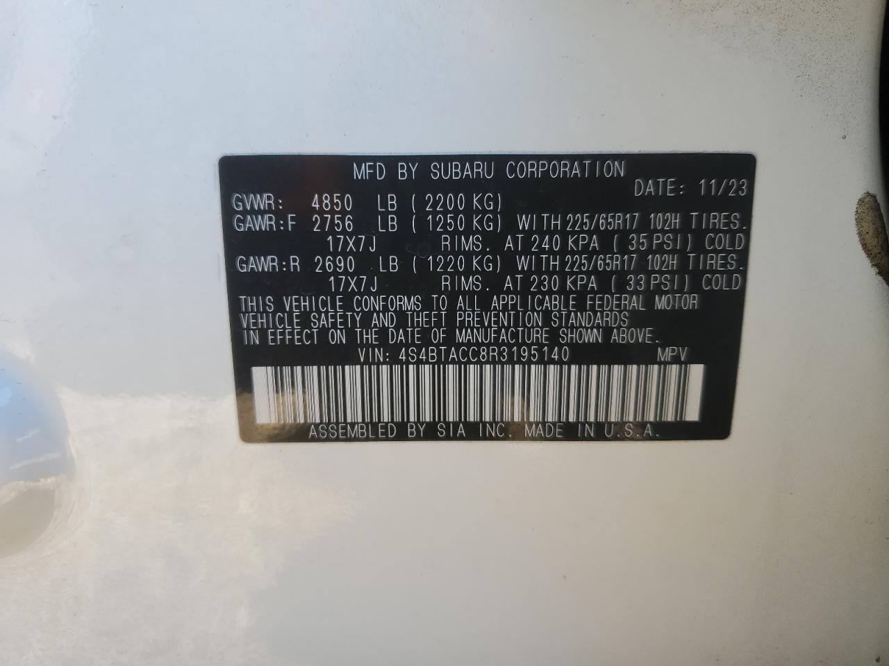 2024 SUBARU OUTBACK PREMIUM VIN:3GCPCREC0FG206355