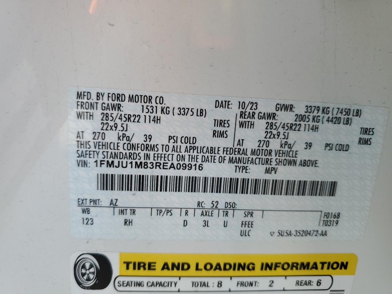 2024 FORD EXPEDITION PLATINUM VIN:1FMJU1M83REA09916