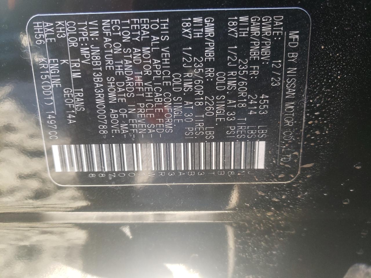 2024 NISSAN ROGUE SV VIN:JN8BT3BA3RW000788