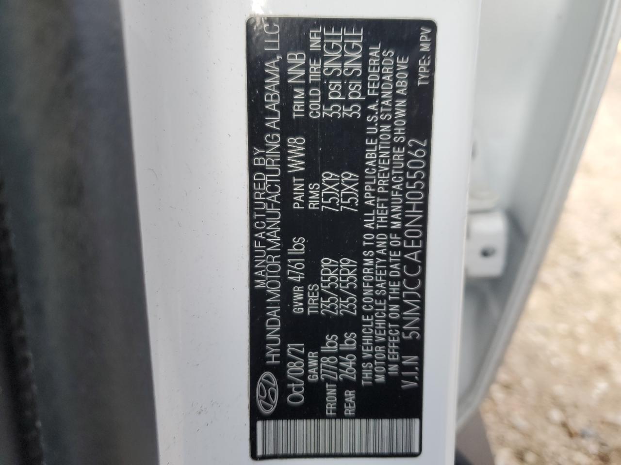 2022 HYUNDAI TUCSON SEL VIN:5NMJCCAE0NH055062