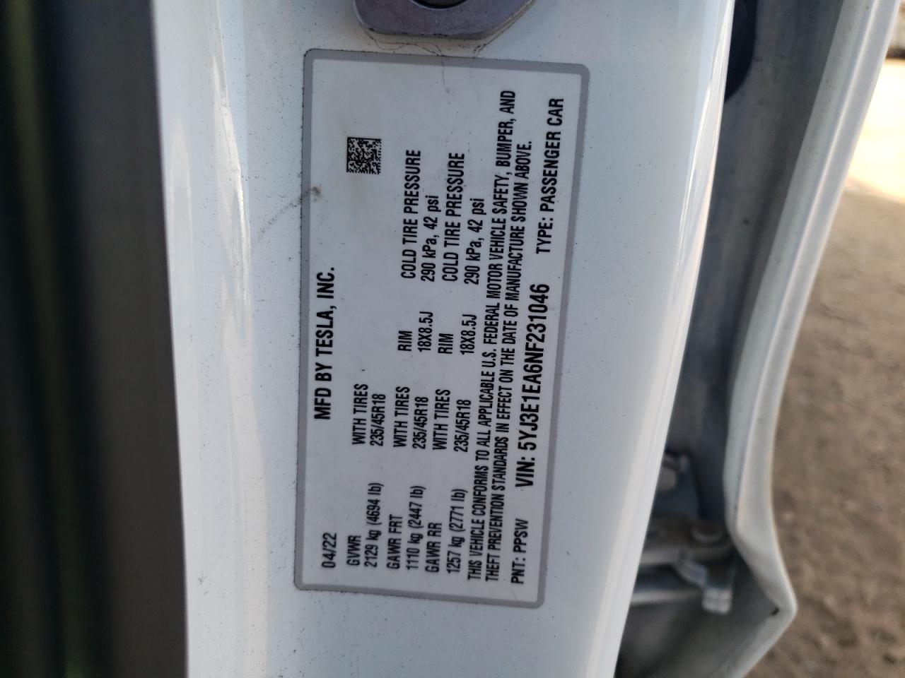 2022 TESLA MODEL 3 VIN:5YJ3E1EA6NF231046