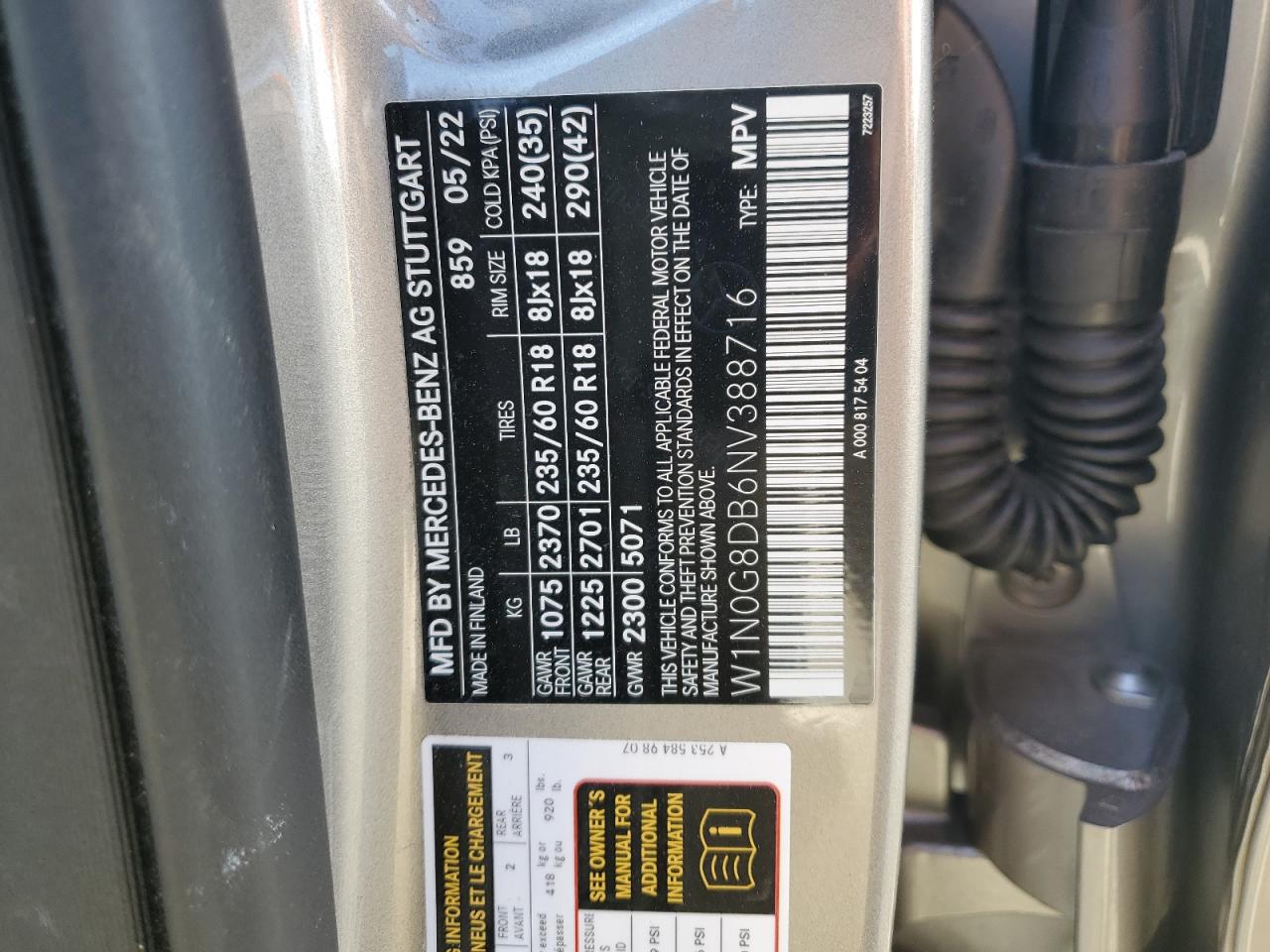 2022 MERCEDES-BENZ GLC 300 VIN:W1N0G8DB6NV388716