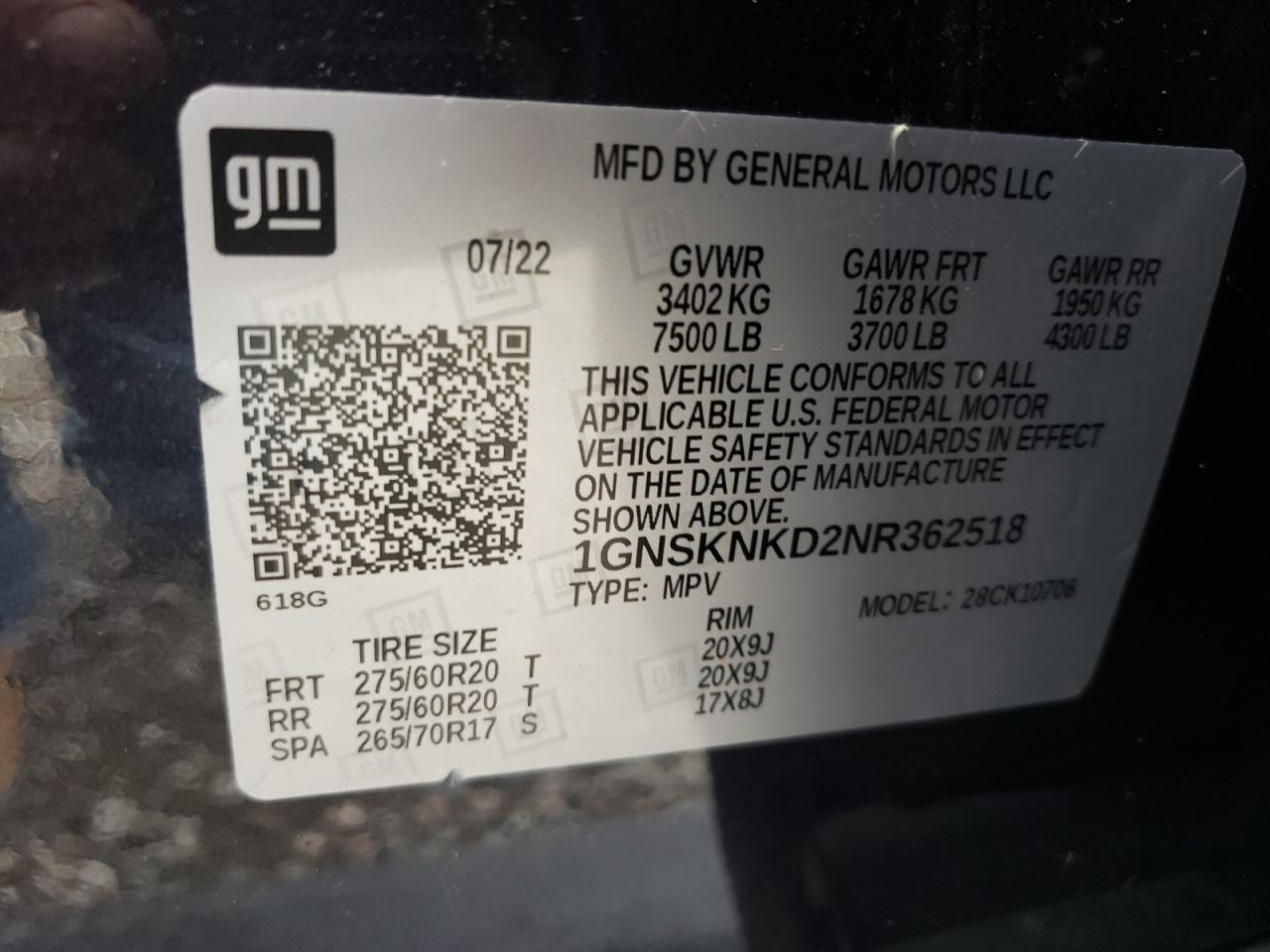 2022 CHEVROLET TAHOE K1500 LT VIN:1GNSKNKD2NR362518