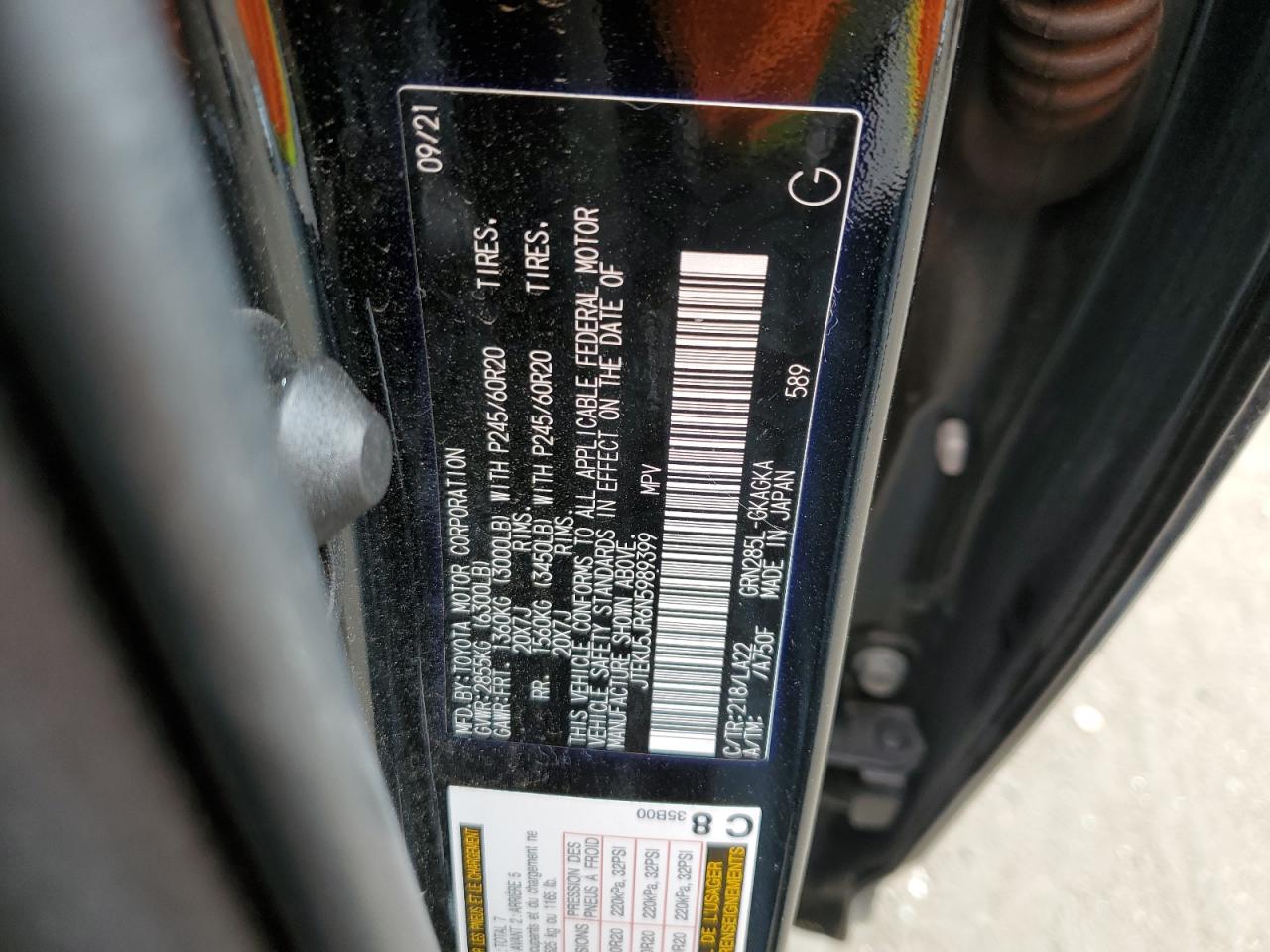 2022 TOYOTA 4RUNNER LIMITED VIN:JTEKU5JR6N5989399