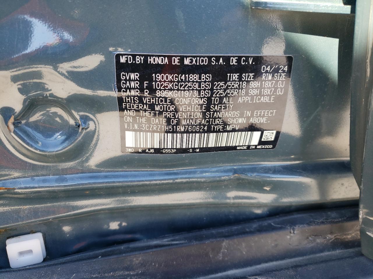 2024 HONDA HR-V SPORT VIN:3CZRZ1H51RM760624