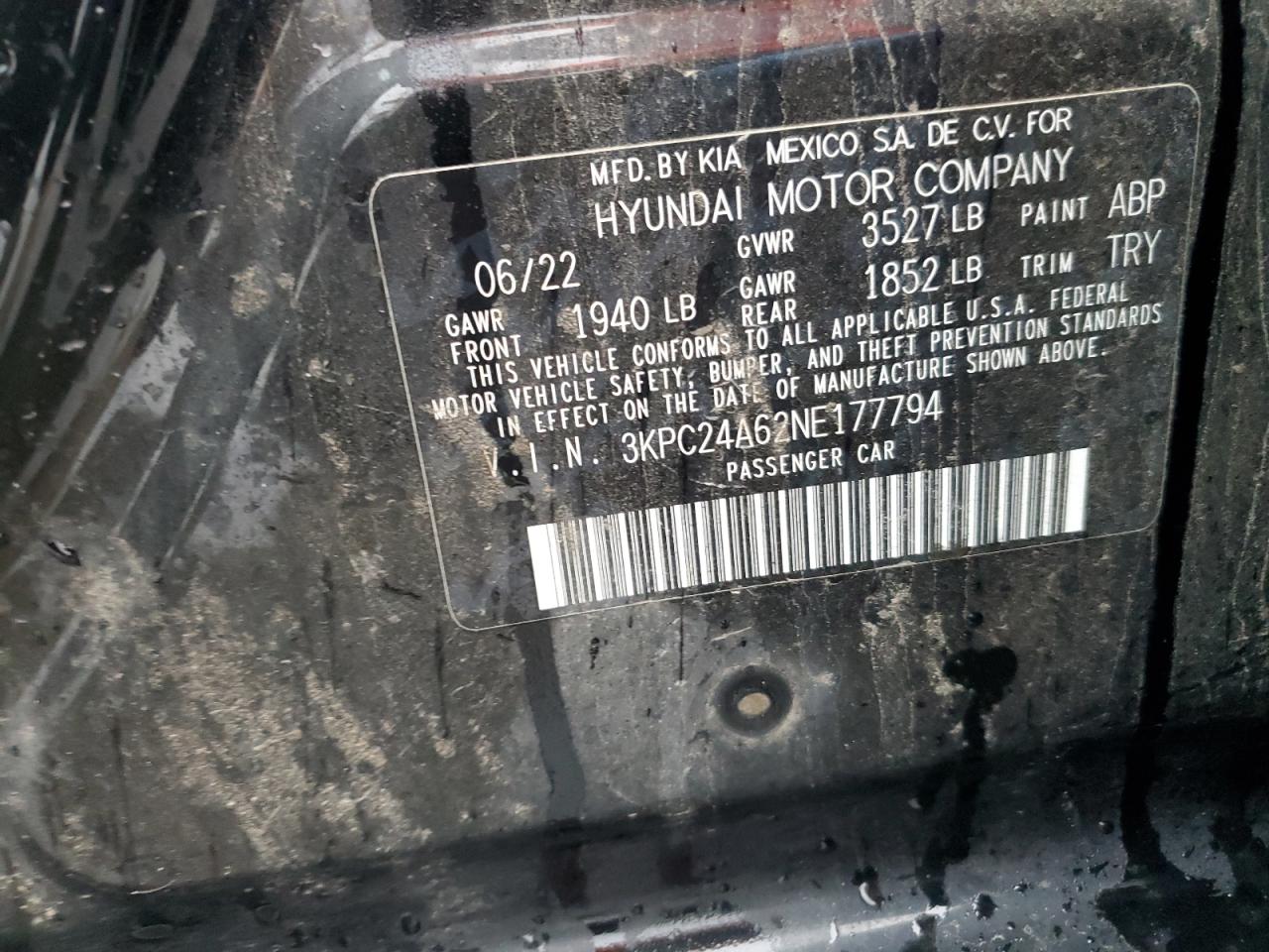 2022 HYUNDAI ACCENT SE VIN:3KPC24A62NE177794