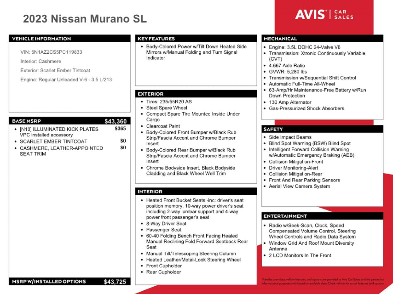 2023 NISSAN MURANO SL VIN:5N1AZ2CS5PC119833