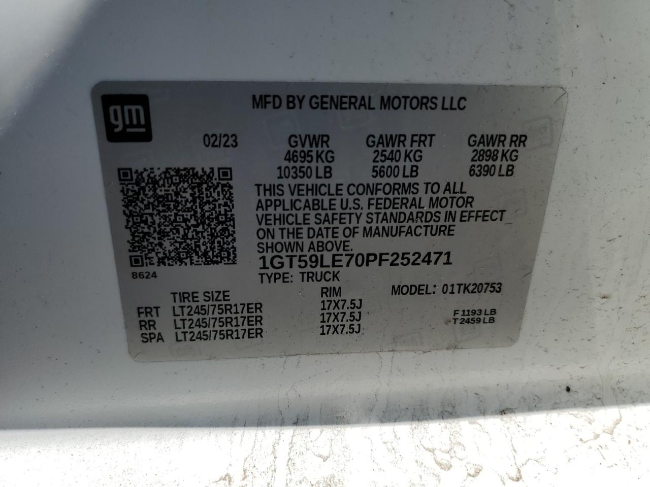 2023 GMC SIERRA K2500 HEAVY DUTY VIN:1GT59LE70PF252471