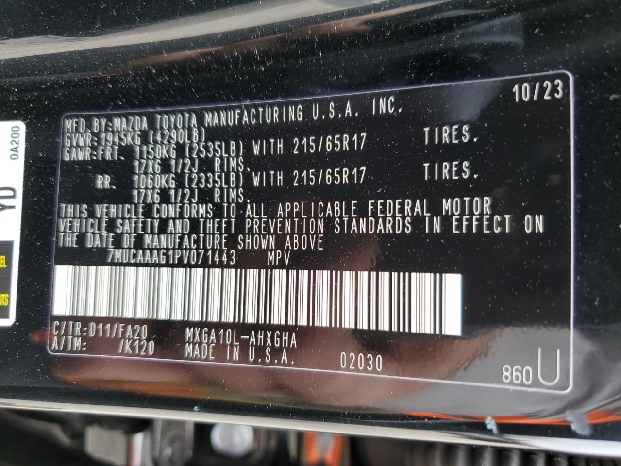 2023 TOYOTA COROLLA CROSS LE VIN:7MUCAAAG1PV071443