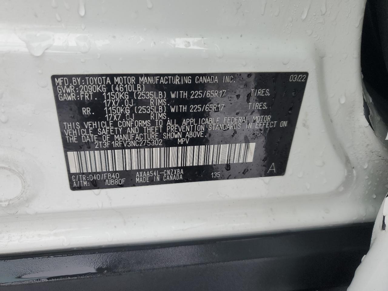 2022 TOYOTA RAV4 LE VIN:2T3F1RFV3NC275302