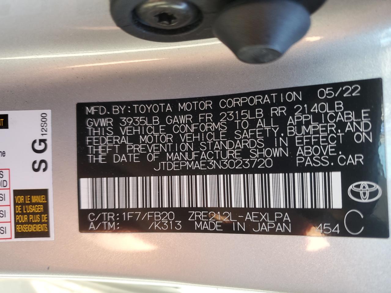 2022 TOYOTA COROLLA LE VIN:JTDEPMAE3N3023720