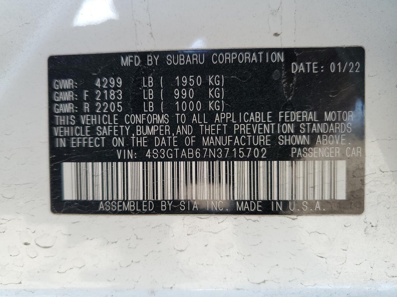 2022 SUBARU IMPREZA  VIN:4S3GTAB67N3715702