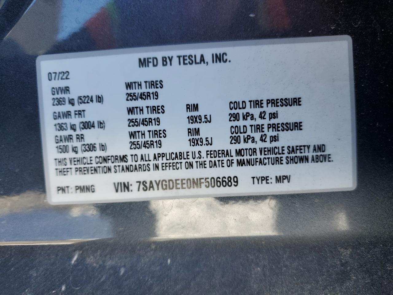 2022 TESLA MODEL Y VIN:7SAYGDEE0NF506689