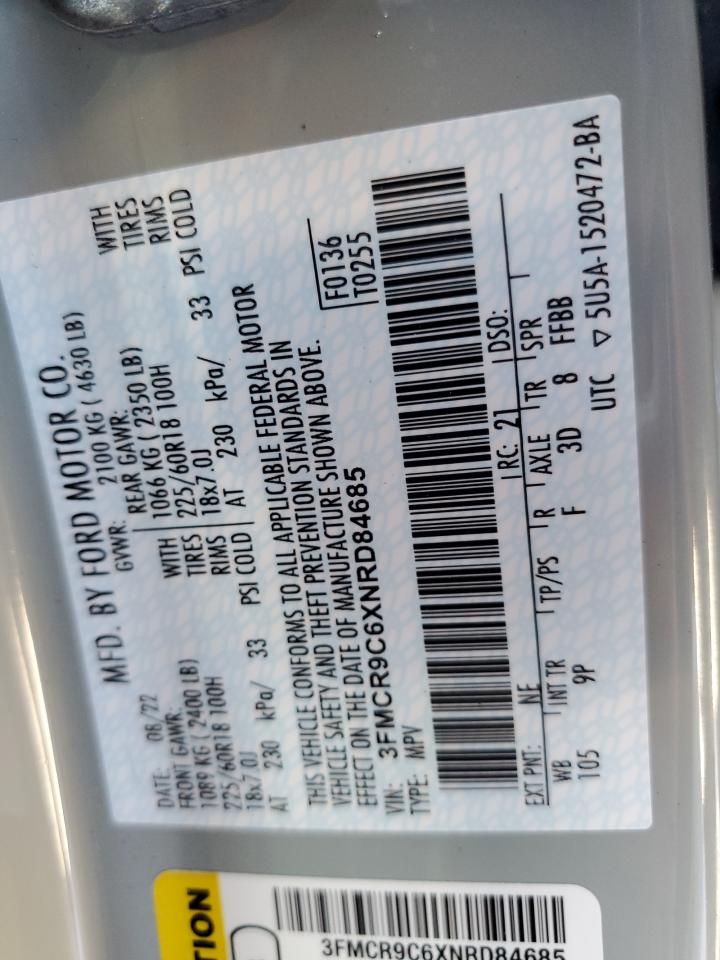 2022 FORD BRONCO SPORT OUTER BANKS VIN:3FMCR9C6XNRD84685