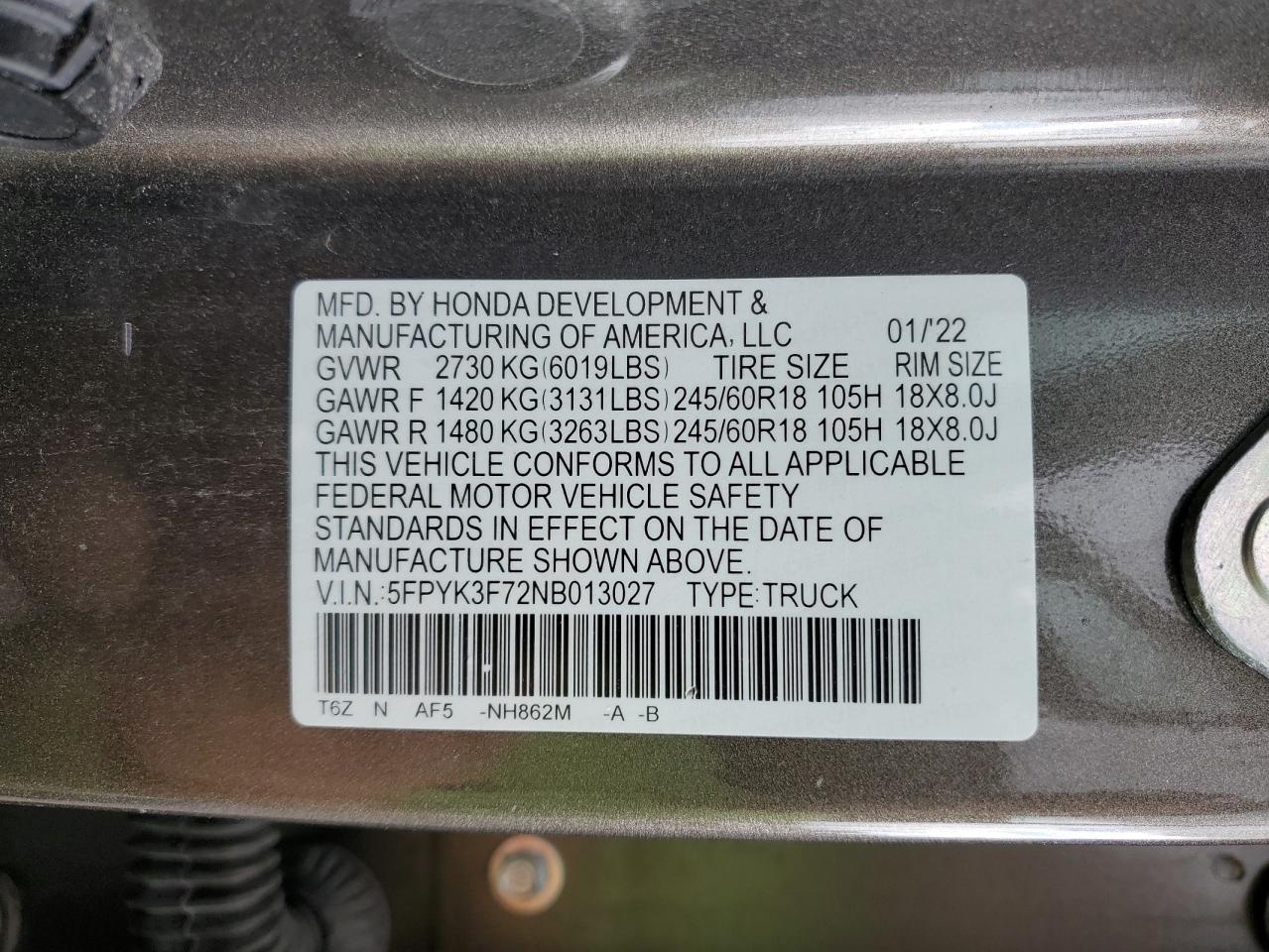 2022 HONDA RIDGELINE RTL VIN:5FPYK3F72NB013027