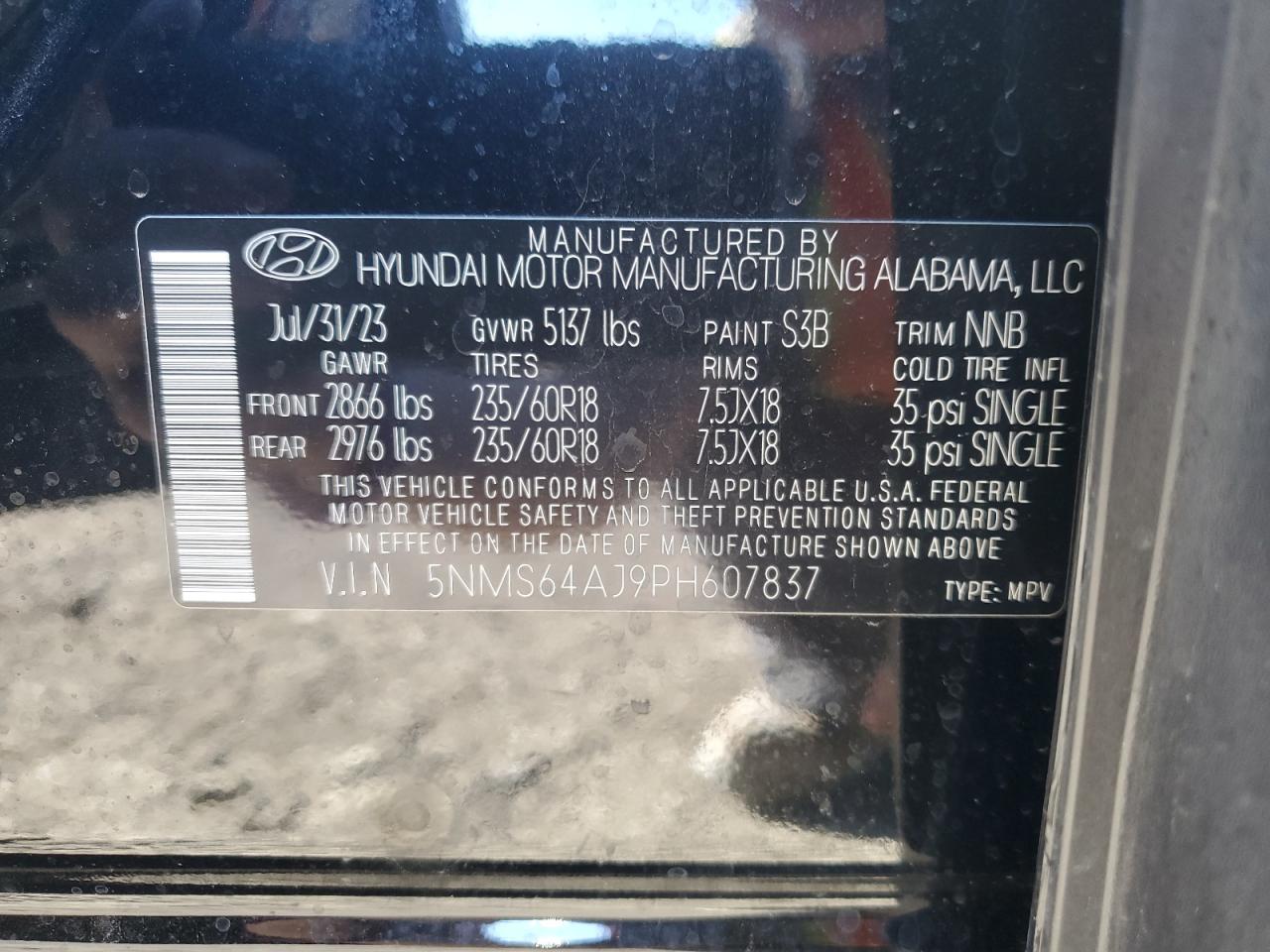 2023 HYUNDAI SANTA FE XRT VIN:5NMS64AJ9PH607837