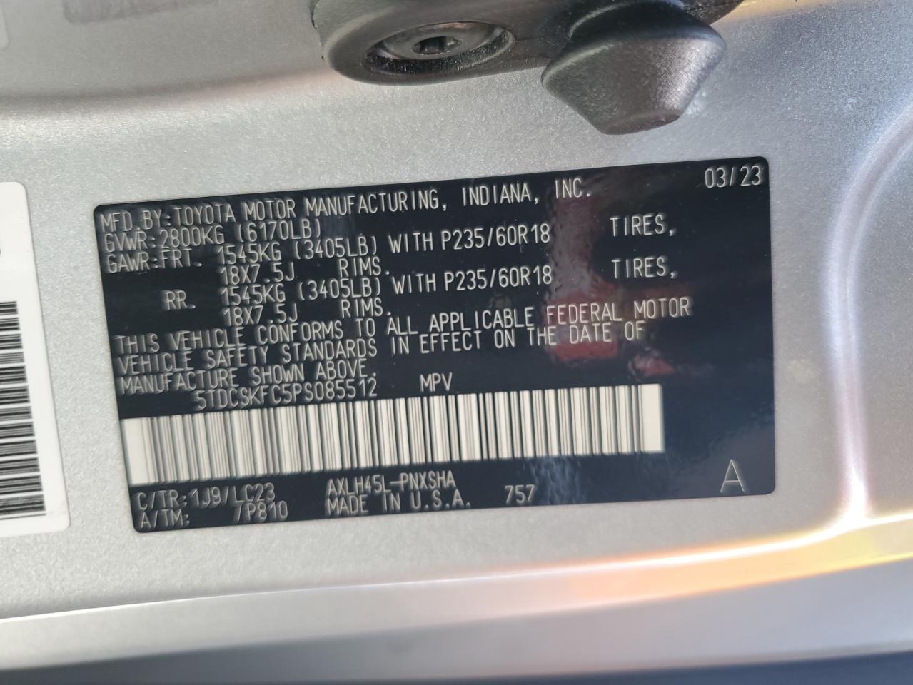 2023 TOYOTA SIENNA XSE VIN:5TDCSKFC5PS085512