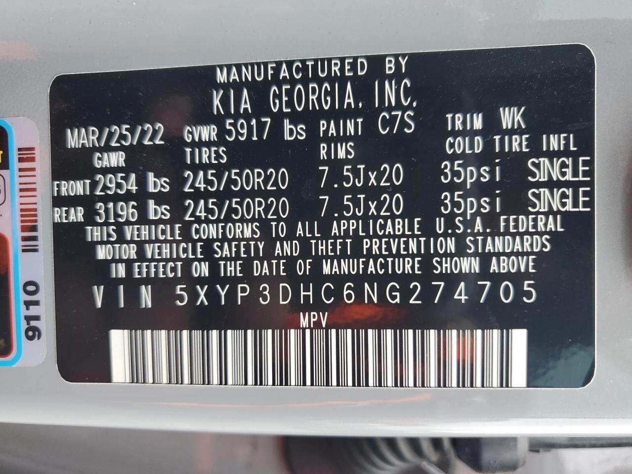 2022 KIA TELLURIDE EX VIN:5XYP3DHC6NG274705