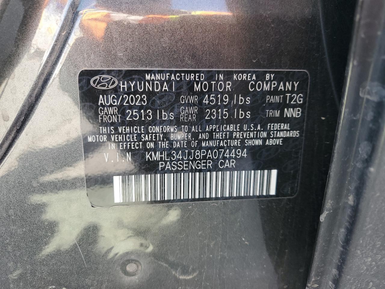 2023 HYUNDAI SONATA HYBRID VIN:KMHL34JJ8PA074494