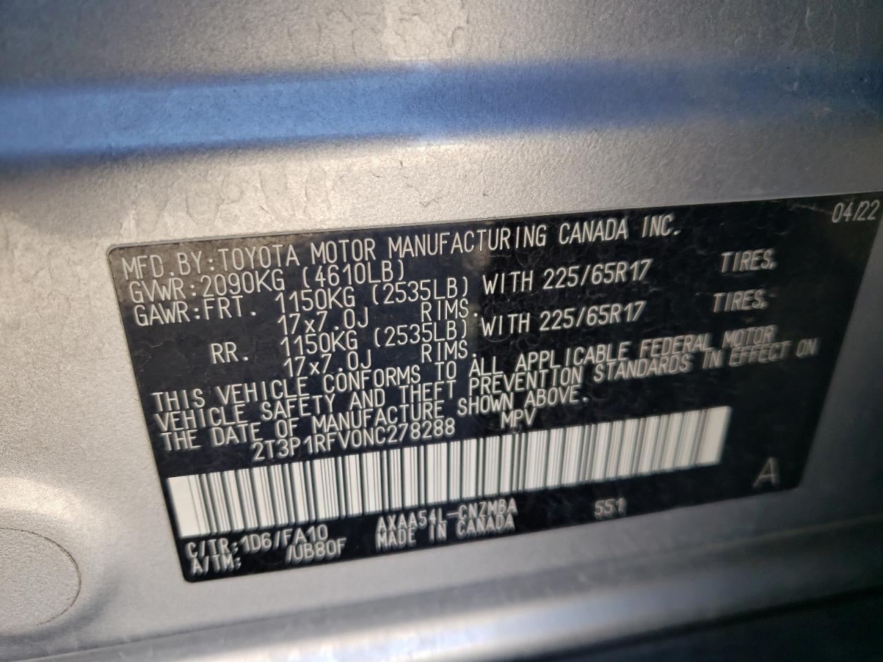 2022 TOYOTA RAV4 XLE VIN:2T3P1RFV0NC278288