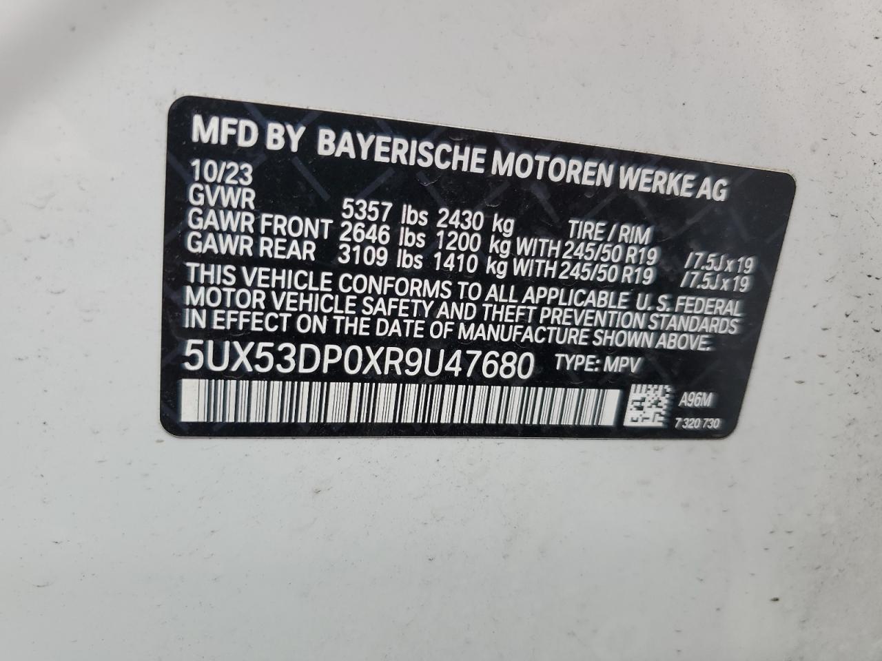 2024 BMW X3 XDRIVE30I VIN:5UX53DP0XR9U47680