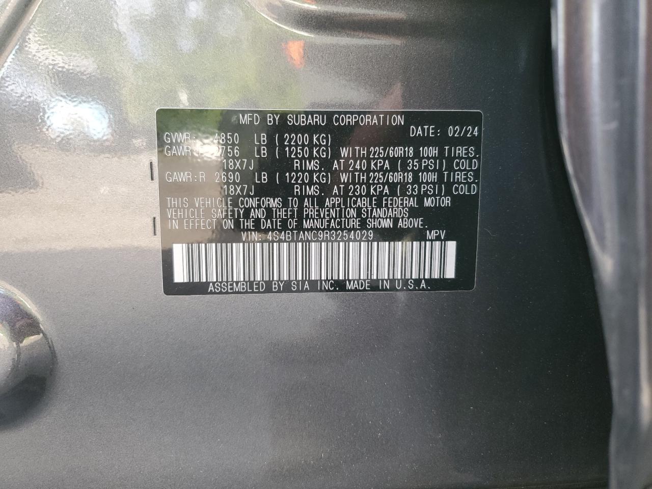 2024 SUBARU OUTBACK LIMITED VIN:4S4BTANC9R3254029