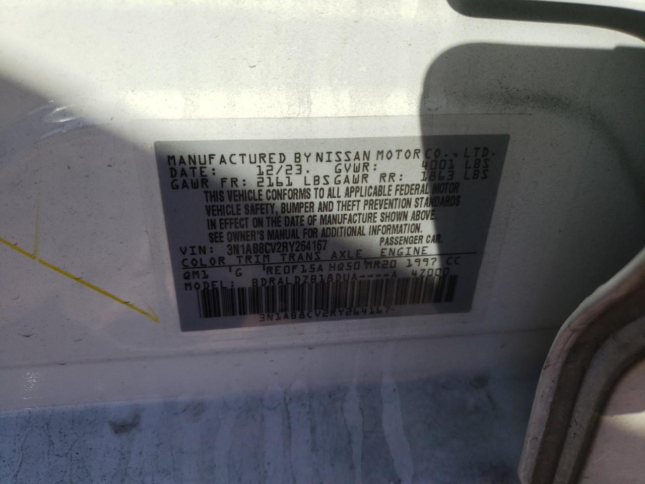 2024 NISSAN SENTRA SV VIN:3N1AB8CV2RY264167