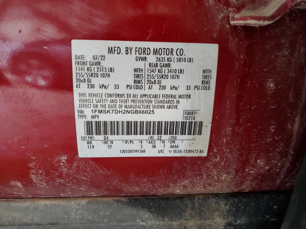 2022 FORD EXPLORER XLT VIN:1FMSK7DH2NGB66025