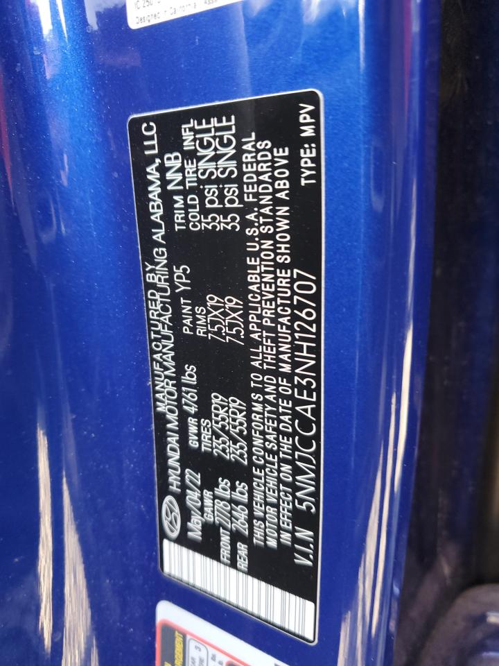 2022 HYUNDAI TUCSON SEL VIN:5NMJCCAE3NH126707