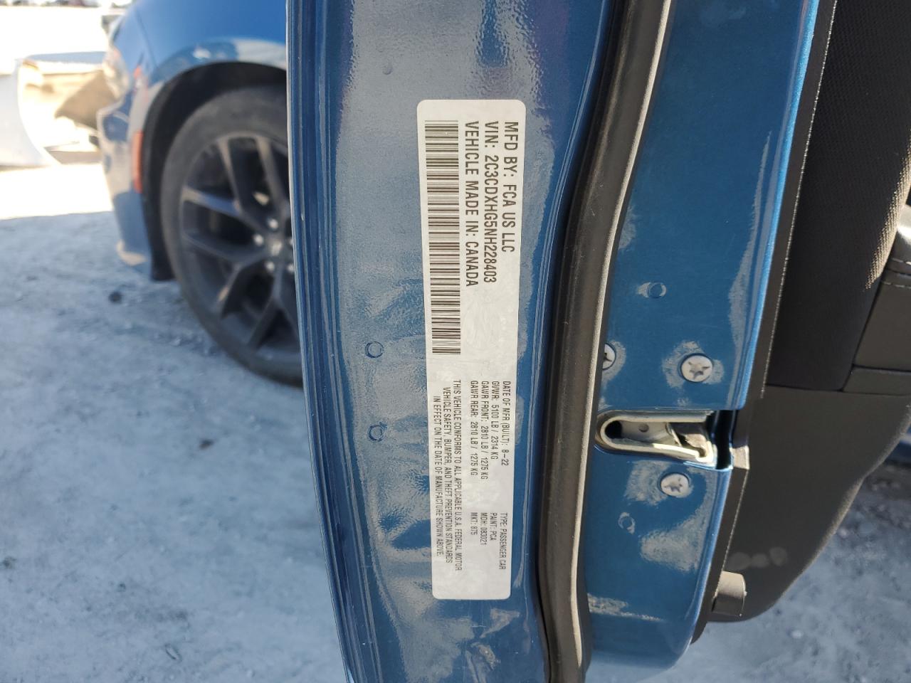 2022 DODGE CHARGER GT VIN:2C3CDXHG5NH228403