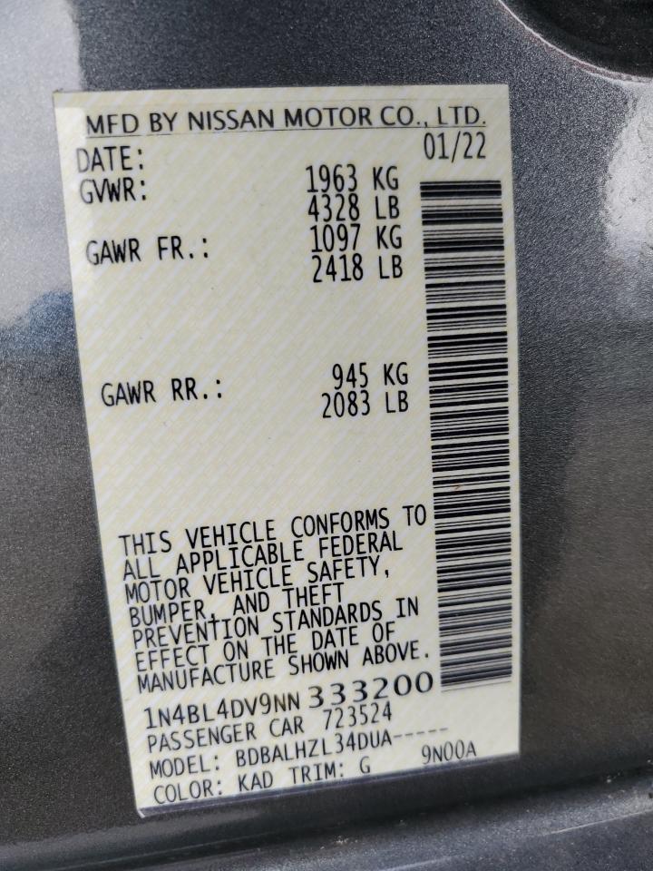 2022 NISSAN ALTIMA SV VIN:1N4BL4DV9NN333200