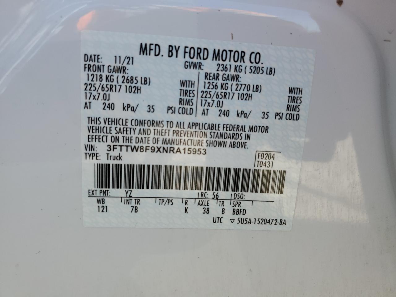 2022 FORD MAVERICK XL VIN:3FTTW8F9XNRA15953
