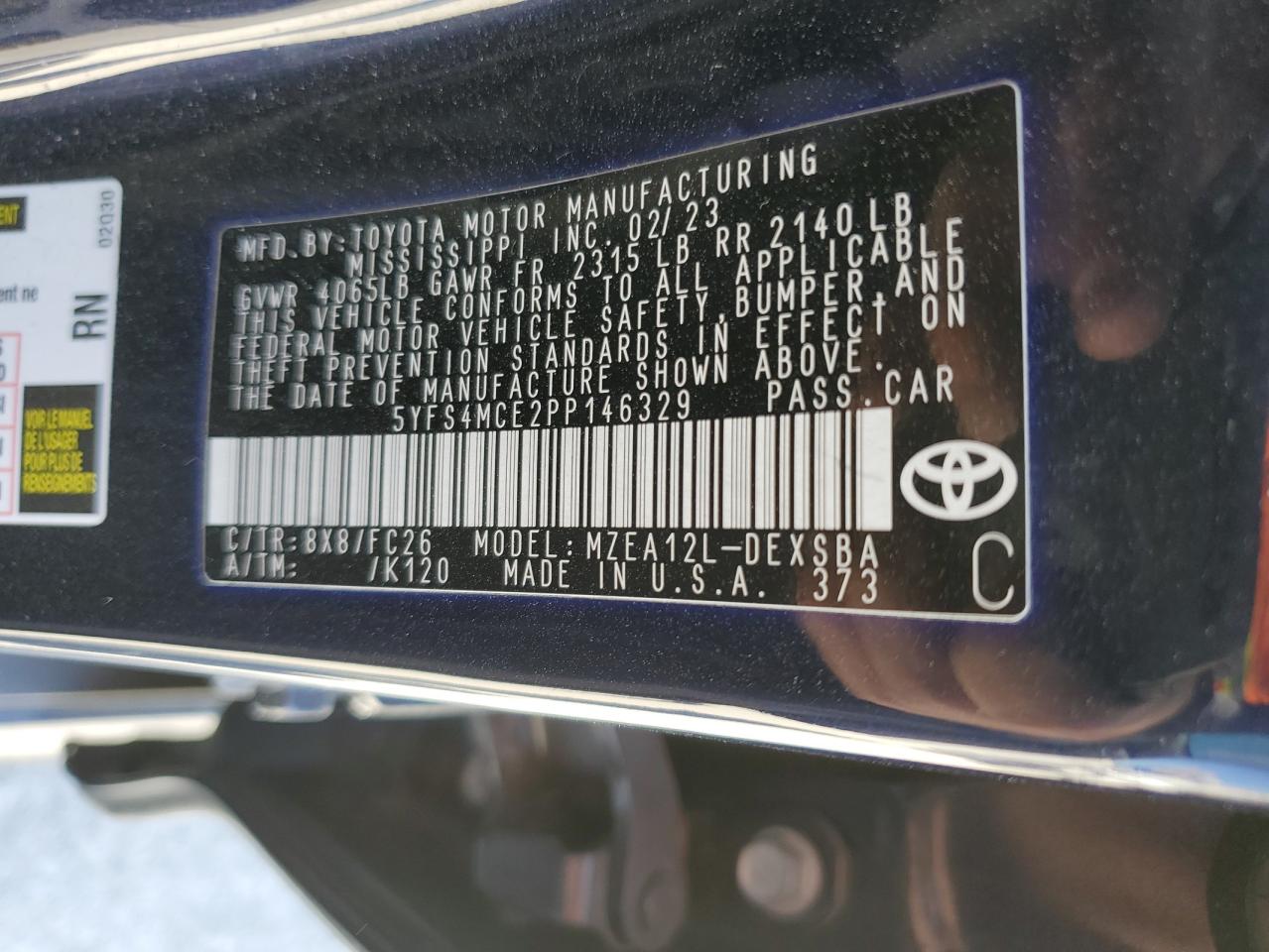 2023 TOYOTA COROLLA SE VIN:5YFS4MCE2PP146329