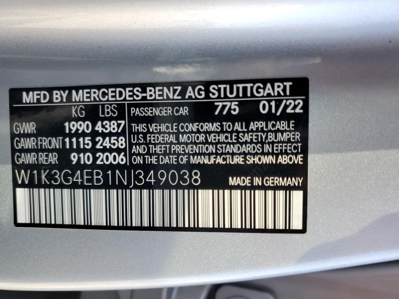 2022 MERCEDES-BENZ A 220 VIN:W1K3G4EB1NJ349038