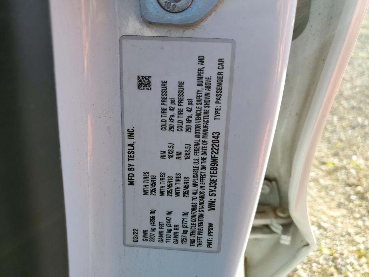 2022 TESLA MODEL 3  VIN:5YJ3E1EB9NF222043