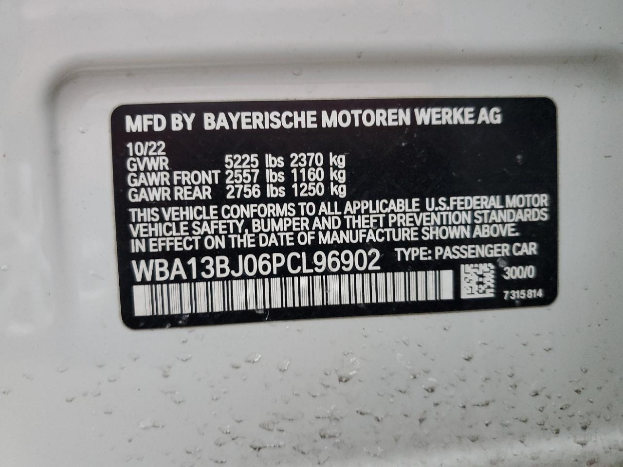 2023 BMW 530 XI VIN:WBA13BJ06PCL96902