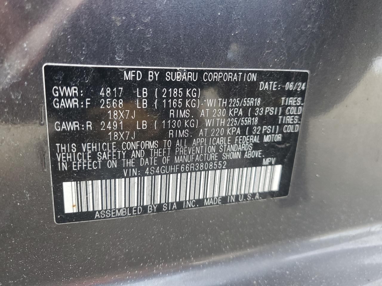 2024 SUBARU CROSSTREK SPORT VIN:4S4GUHF66R3808552