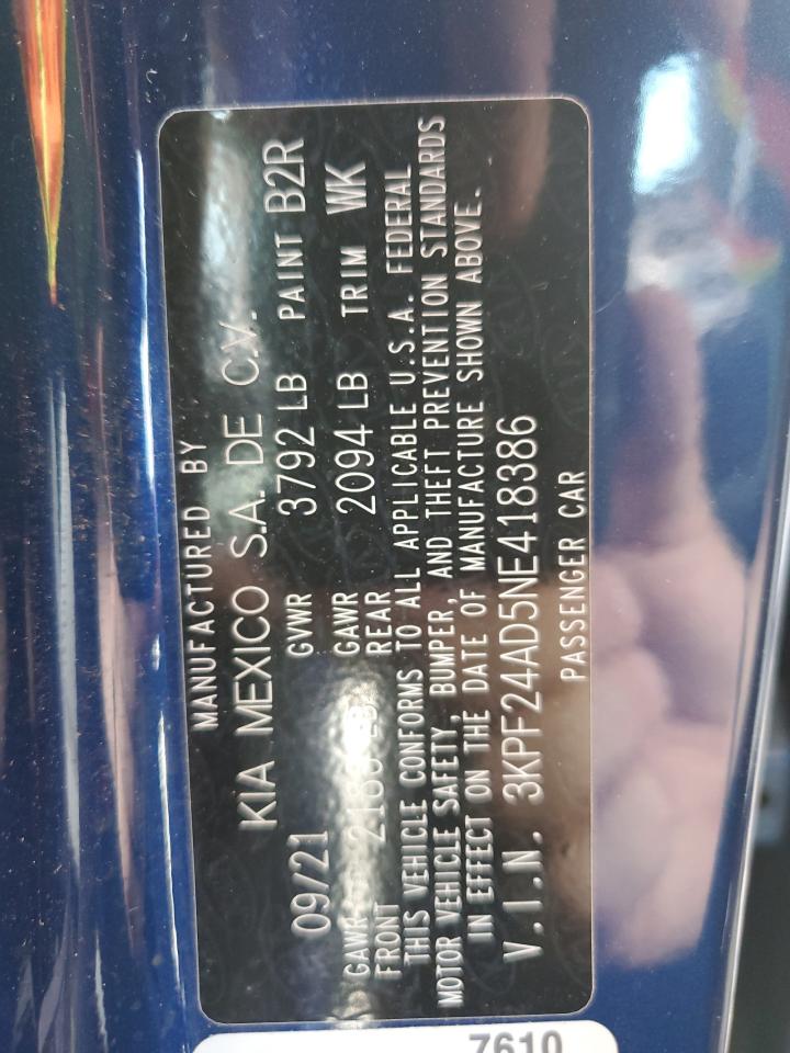2022 KIA FORTE FE VIN:3KPF24AD5NE418386