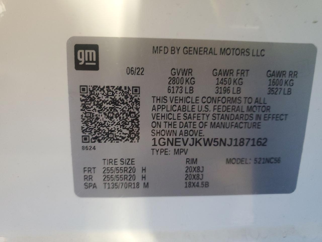 2022 CHEVROLET TRAVERSE RS VIN:1GNEVJKW5NJ187162