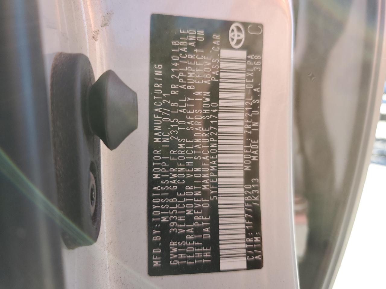 2022 TOYOTA COROLLA LE VIN:5YFEPMAE0NP271740