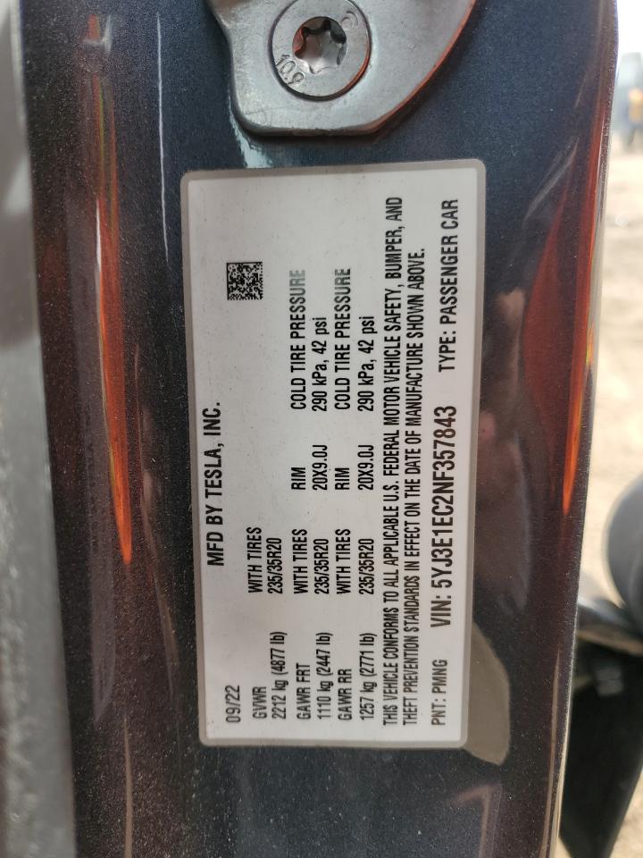 2022 TESLA MODEL 3  VIN:5YJ3E1EC2NF357843