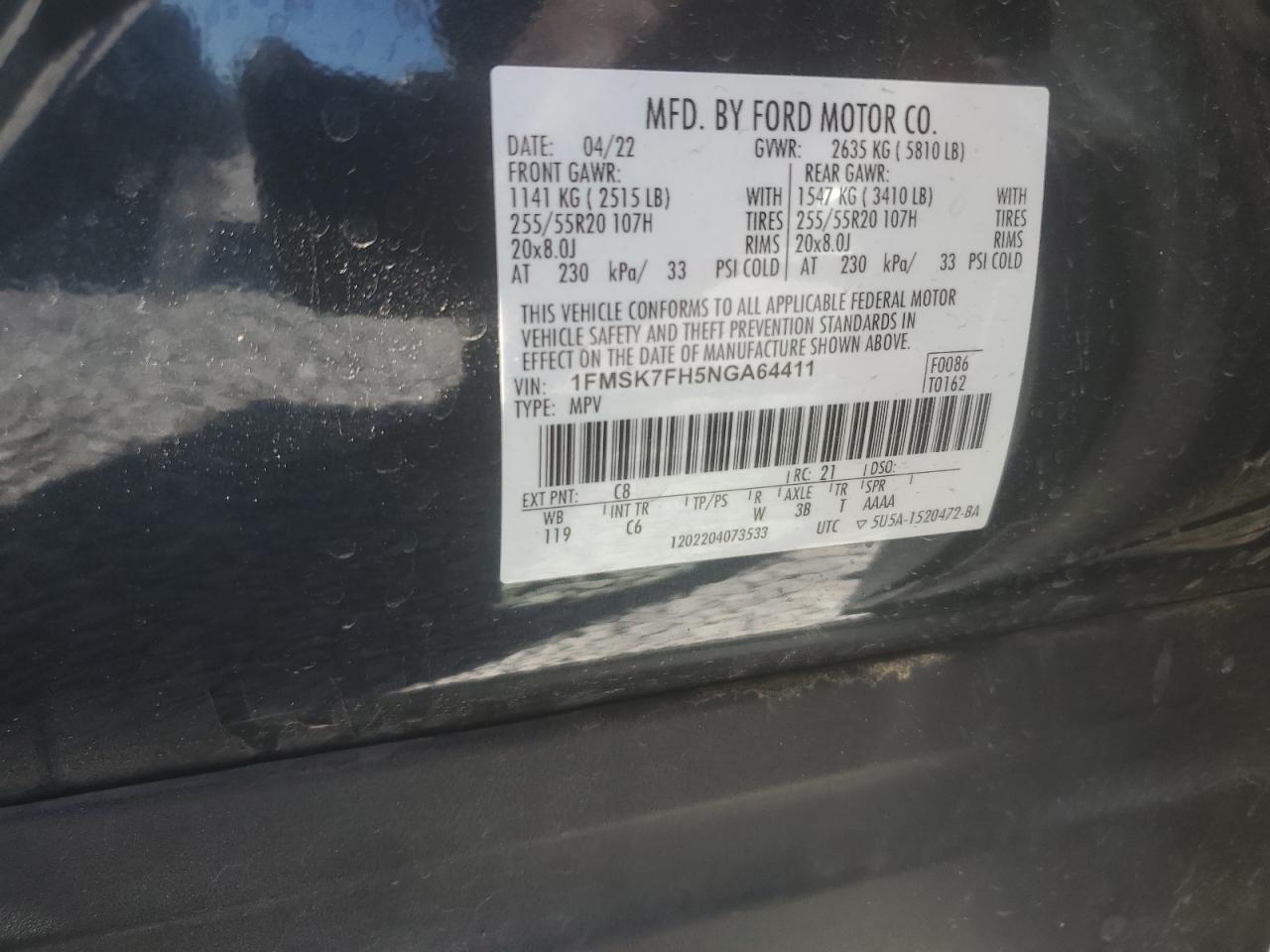 2022 FORD EXPLORER LIMITED VIN:1FMSK7FH5NGA64411