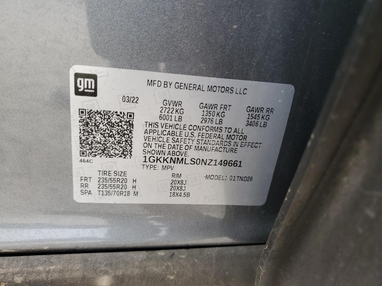 2022 GMC ACADIA SLT VIN:1GKKNMLS0NZ149661