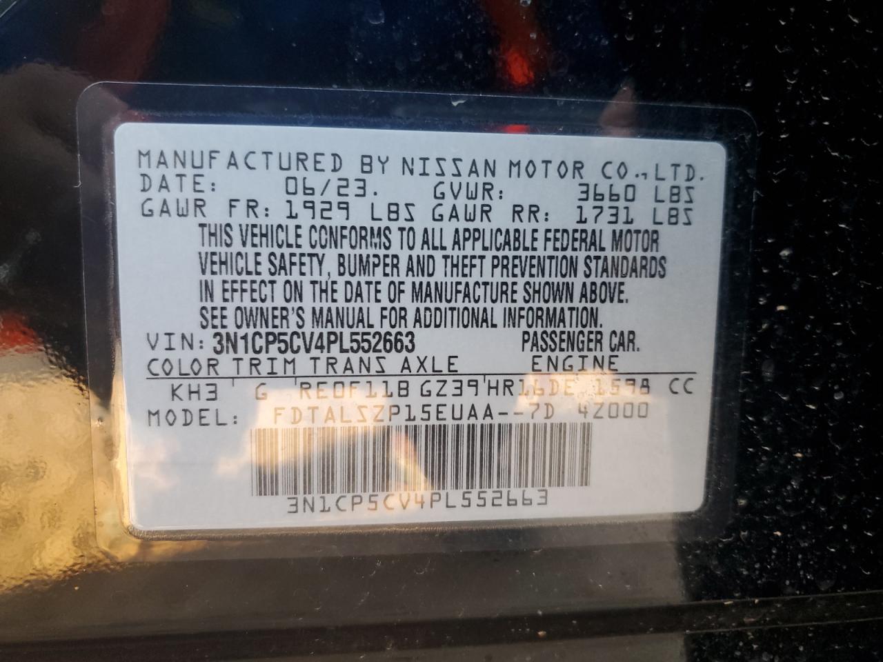 2023 NISSAN KICKS SV VIN:3N1CP5CV4PL552663
